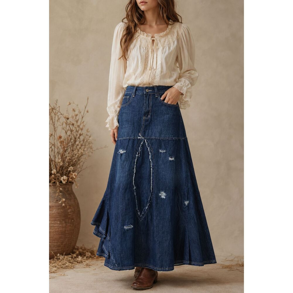 NWT Prairie Denim Long Skirt Sz 28 Coastal Cowgirl Boho Modest Frayed Asymmetric
